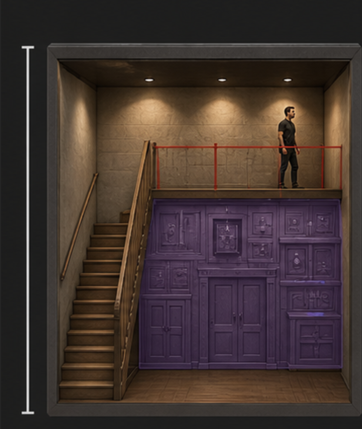 Concept illustration of a double-height room with a side stair, upper walkway and full-width puzzle wall